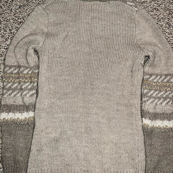 BKE Boutique Wool Blend Tan Cream Metallic Gold Lace Button Cardigan Sweater‎ - Picture 2 of 4